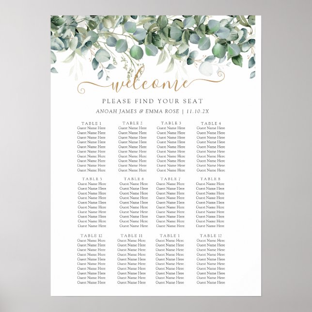Poster Elegant Eucalyptus Greenery Wedding Seating Chart (Frente)