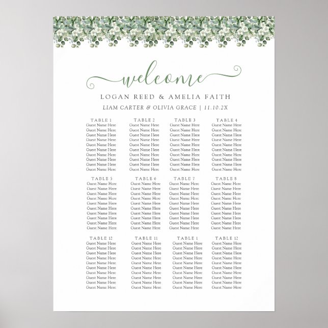 Poster Elegant Eucalyptus Greenery Wedding Seating Chart (Frente)