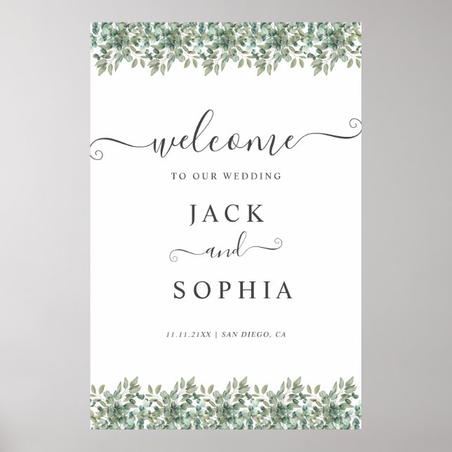 Poster Elegant Eucalyptus Greenery Wedding Welcome Sign (Frente)