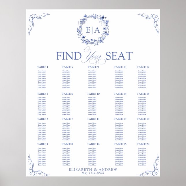 Poster Elegant Floral Wreath Wedding Seating Chart (Frente)