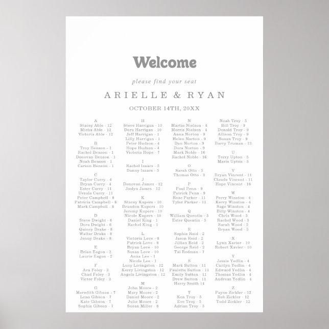 Poster Elegant Formal Minimal Alphabetical Seating Chart (Frente)