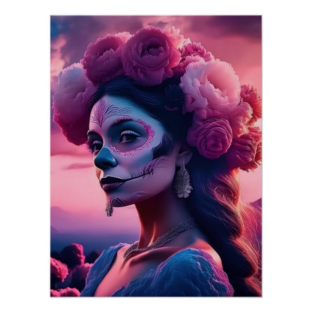Póster Elegant Fuchsia Roses Day of the Dead Catrina (Frente)