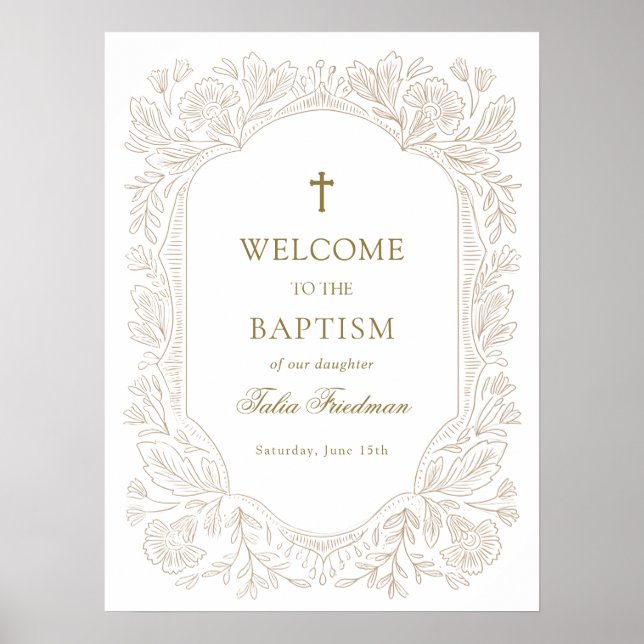 Poster Elegant Gold Floral Baptism Welcome (Frente)