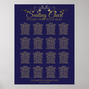 Poster Elegant Gold & Navy 16 Table Wedding Seating Chart