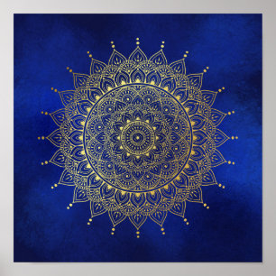 Poster Elegant Gold on Deep Blue Floral Henna Mandala Art