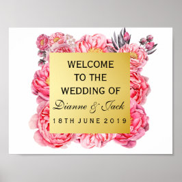 Póster Elegant Gold & Peonies Floral Wedding Welcome Sign