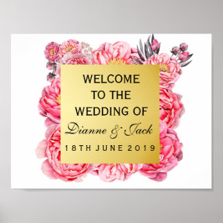 Póster Elegant Gold & Peonies Floral Wedding Welcome Sign