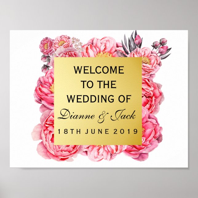 Póster Elegant Gold & Peonies Floral Wedding Welcome Sign (Frente)