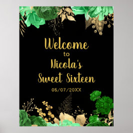 Poster Elegant Green and Gold Flowers Sweet Sixteen
