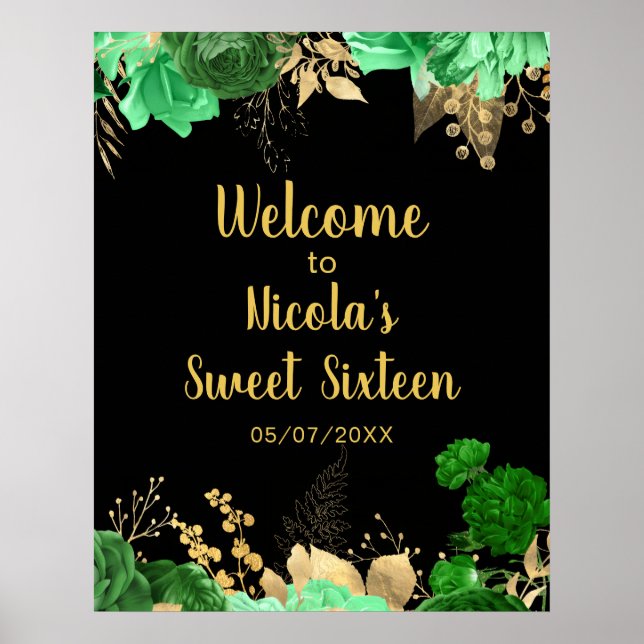 Poster Elegant Green and Gold Flowers Sweet Sixteen (Frente)