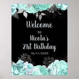 Poster Elegant Green and Silver Flowers Birthday Party
