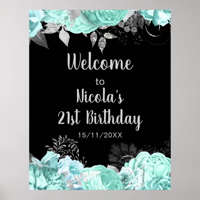 Poster Elegant Green and Silver Flowers Birthday Party (Frente)