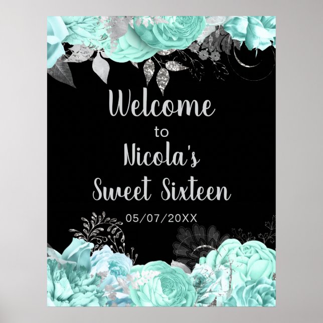 Poster Elegant Green and Silver Flowers Sweet Sixteen (Frente)