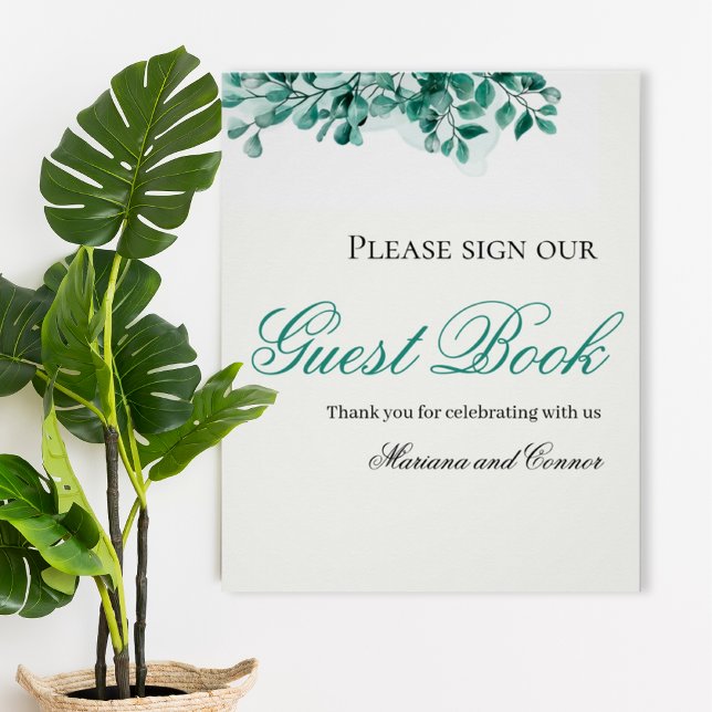 Póster Elegant Greenery Wedding Guest Book Sign (Criador carregado)