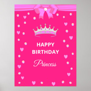 Poster Elegant Happy Birthday Princess & Gems on Fuchsia