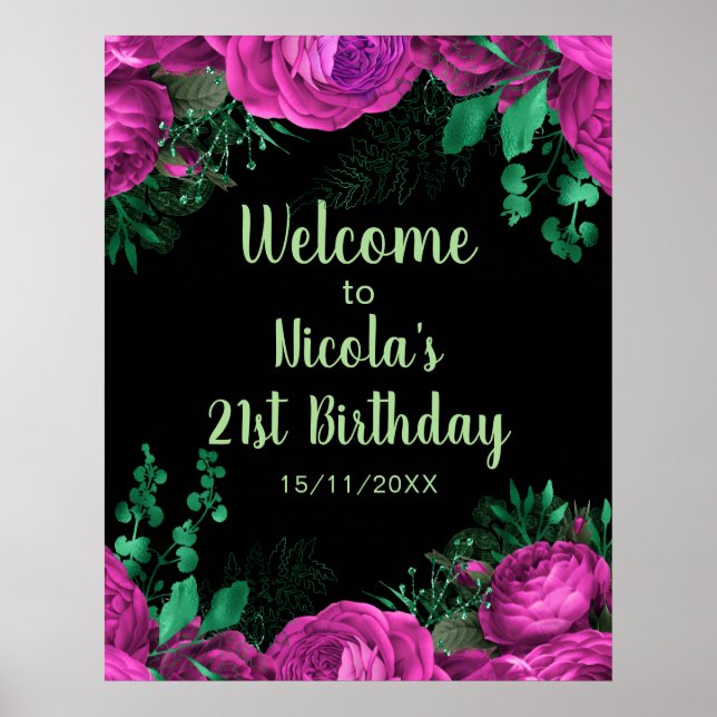 Poster Elegant Hot Pink Flowers Birthday Party Welcome  (Frente)