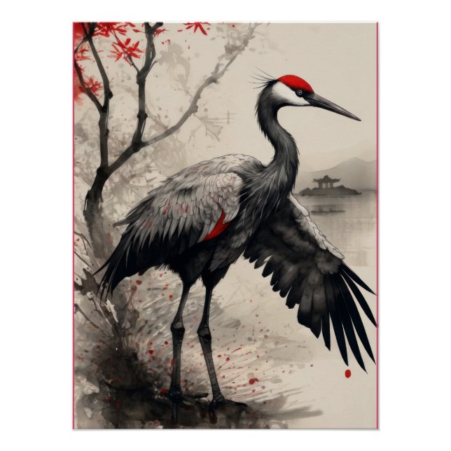 Póster Elegant Japanese Red-Crowned Crane & Maple Tree (Frente)