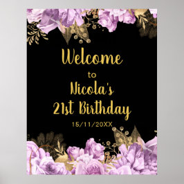 Poster Elegant Lilac and Gold Flowers Birthday Party