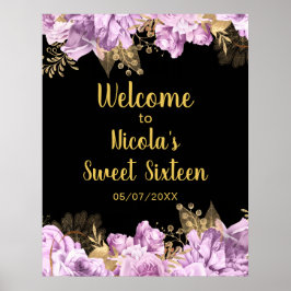 Poster Elegant Lilac and Gold Flowers Sweet Sixteen 