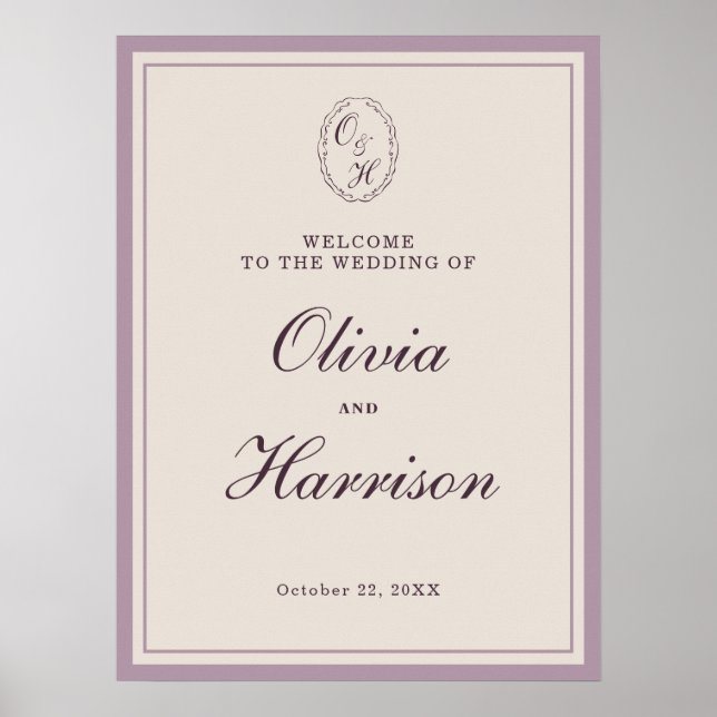 Poster Elegant Mauve Plum Wedding Welcome Sign (Frente)