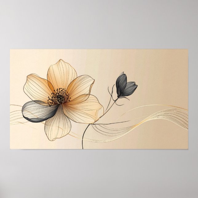 Poster Elegant Minimalist Gold & Sheer Beige Floral Botan (Frente)