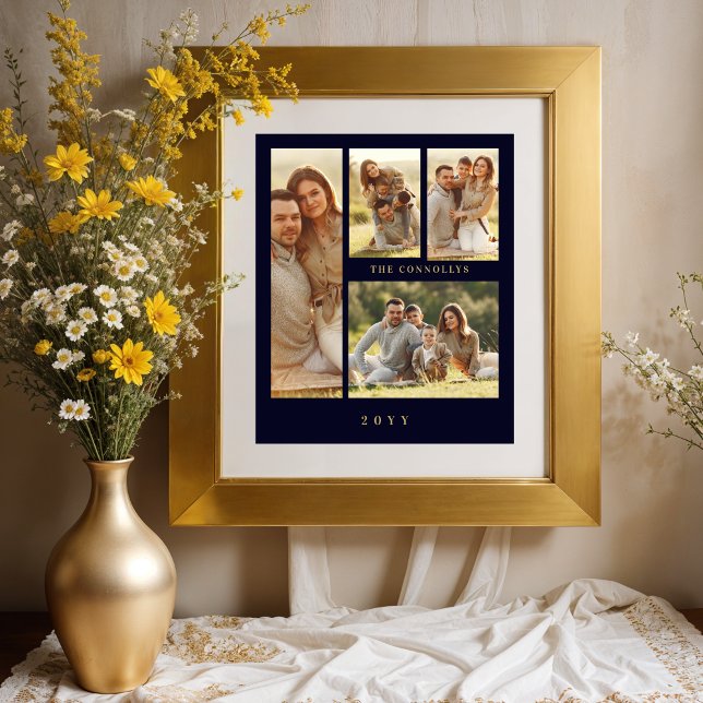 Poster Elegant Navy Blue & Fake Classic 4 Muli Photos (Elegant Navy Blue & Fake Gold Simple Classic 4 Multi Photos Collage Family Poster.)