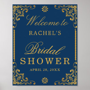 Poster Elegant Navy Blue Gold Frame Bridal Shower Sign