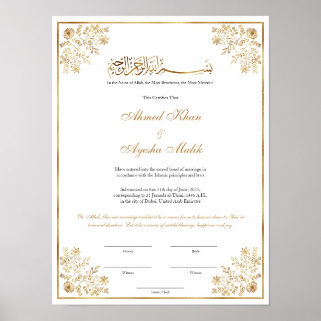 Poster Elegant Nikkah Certificate Muslim Islamic Wedding (Frente)