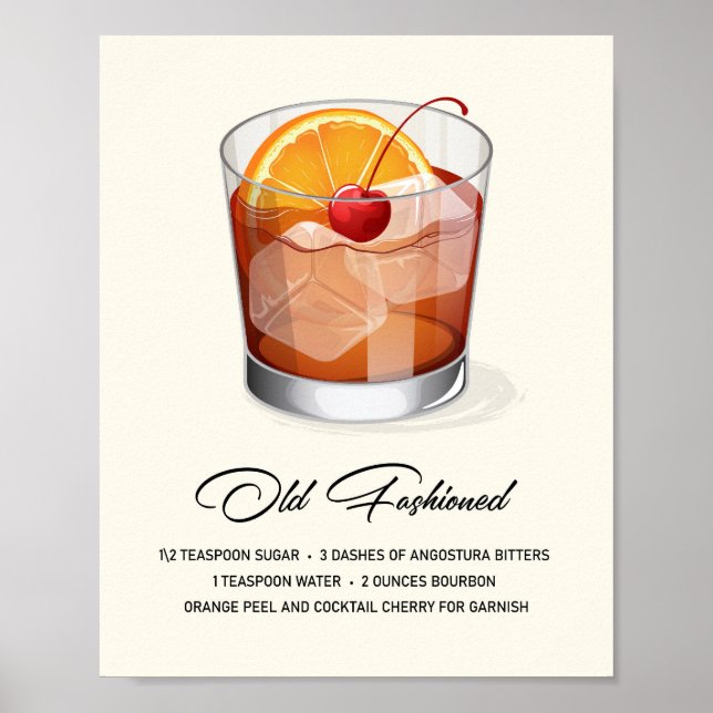 Poster Elegant Old Fashioned Cocktail Recipe Artwork (Frente)
