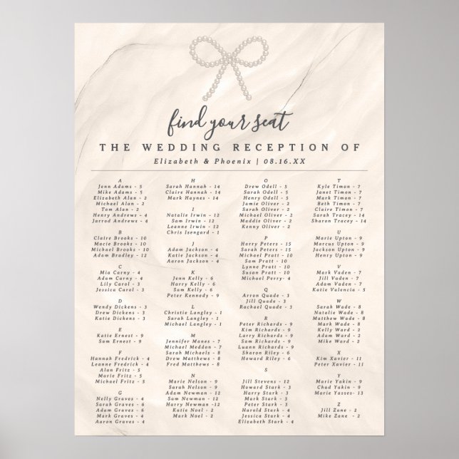 Poster Elegant Pearl Bow Alphabetical Guest Seating Chart (Frente)