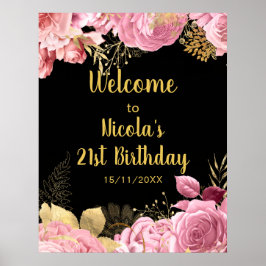 Poster Elegant Pink and Gold Flowers Birthday Party 