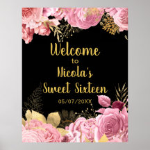 Elegant Pink and Gold Flowers Sweet Sixteen 