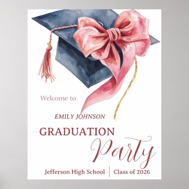 Poster Elegant Pink Bow Graduation Party  (Frente)