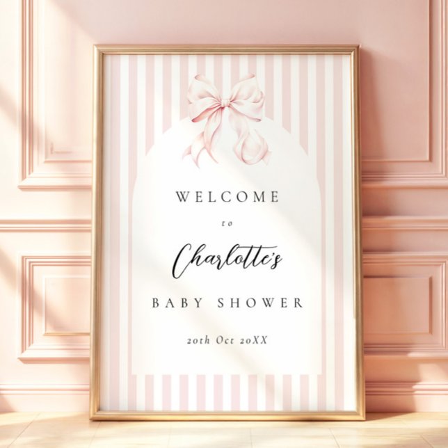 Poster Elegant Pink Stripes Bow Baby Shower Baby Shower (Criador carregado)