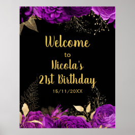 Poster Elegant Purple and Gold Flowers Birthday Party 