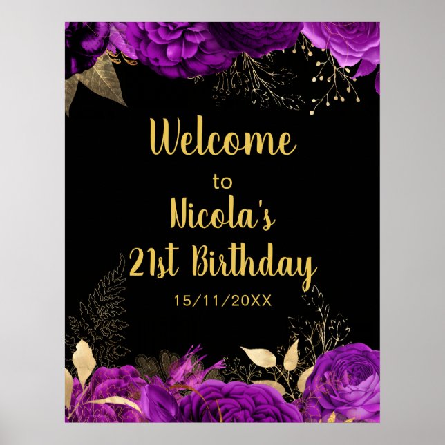 Poster Elegant Purple and Gold Flowers Birthday Party  (Frente)