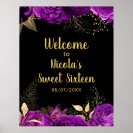 Poster Elegant Purple and Gold Flowers Sweet Sixteen 