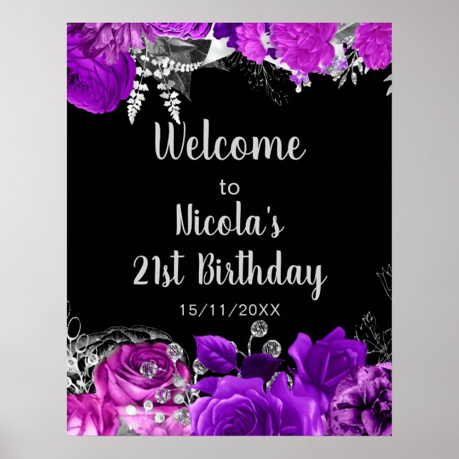 Poster Elegant Purple and Silver Flowers Birthday Party  (Frente)