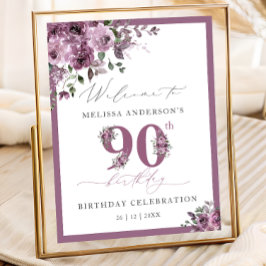 Poster Elegant Purple Floral 90th Birthday Welcome