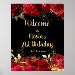 Poster Elegant Red and Gold Flowers Birthday Part Welcome
