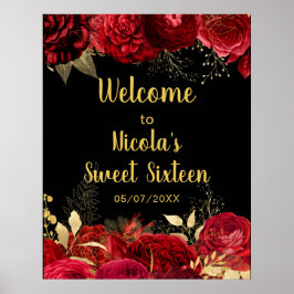 Poster Elegant Red and Gold Flowers Sweet Sixteen Welcome