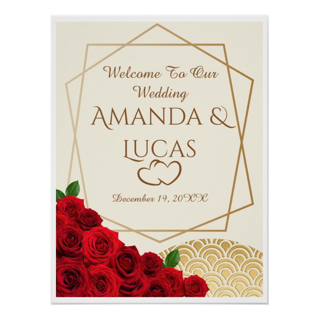 Póster Elegant Red Roses and Gold Frame Cream Wedding (Frente)