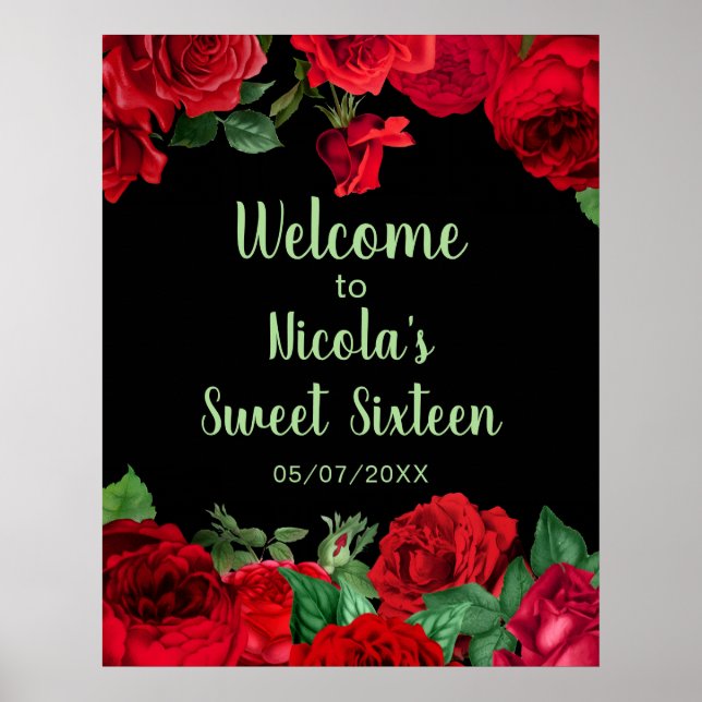 Poster Elegant Red Roses Flowers Sweet Sixteen (Frente)