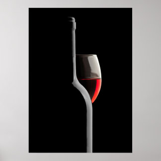 Poster Elegant Red Wine Glass & Bottle. Black Background