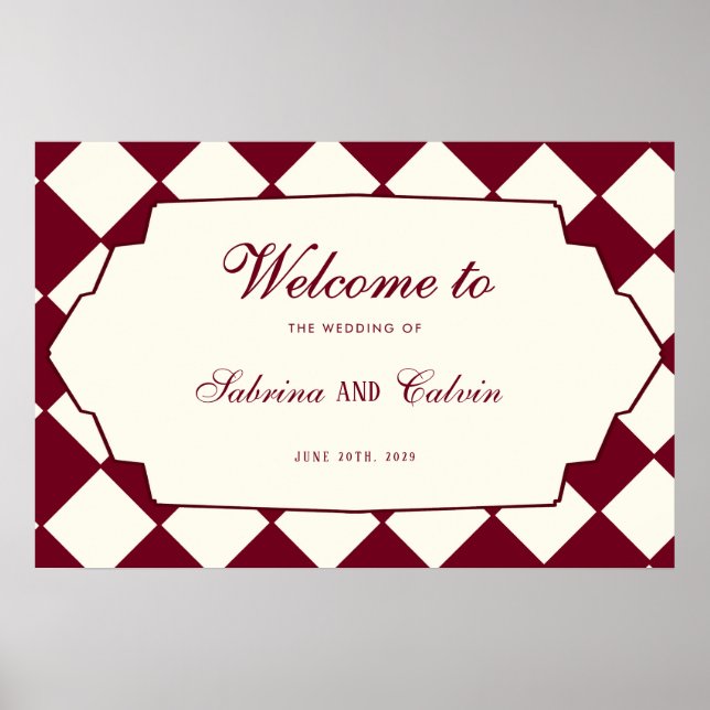 Poster Elegant Retro Checkered Burgundy Wedding Welcome (Frente)