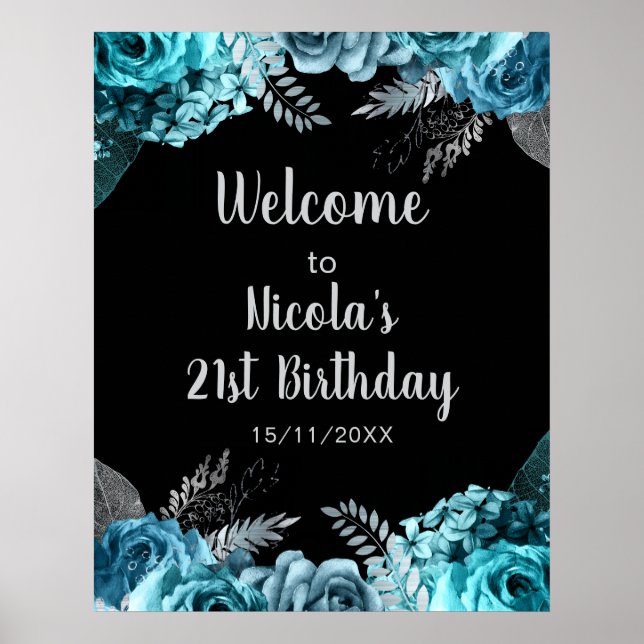 Poster Elegant Teal Blue and Silver Flower Birthday Party (Frente)