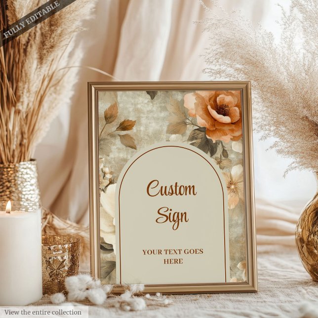 Poster Elegant Terracotta Ivory Sage Floral Custom 8x10 (Elegant Terracotta Ivory Sage Floral Custom Event Sign)
