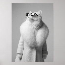 Poster Elegant White Cat in Fur Collar Coat Sunglasses