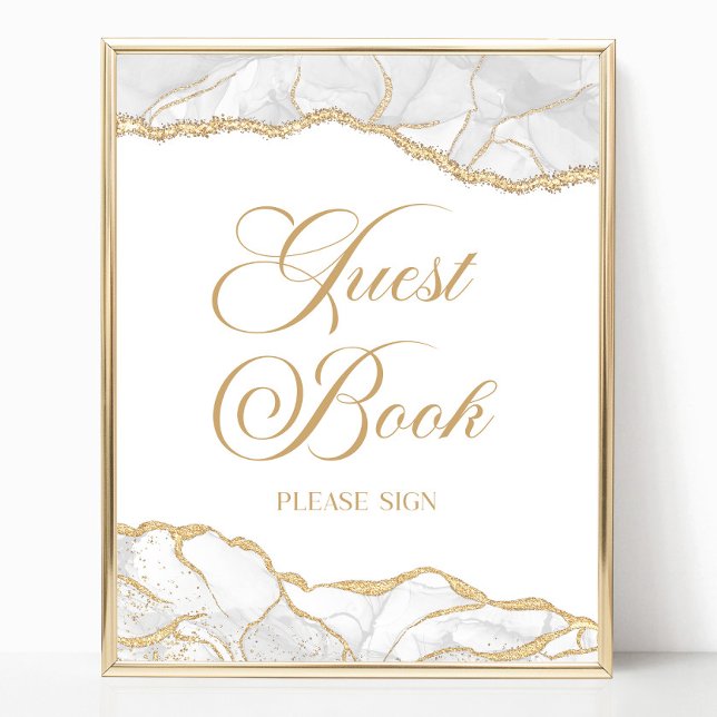 Poster Elegant White Gold Agate Guest Book Sign (Criador carregado)