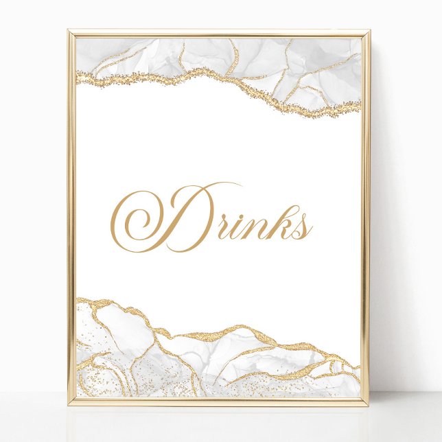 Poster Elegant White Gold Agate Party Drinks Sign (Criador carregado)